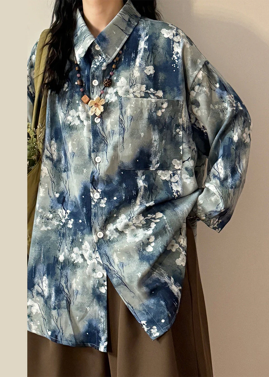 Art Blue Tie Dye Button Pockets Cotton Blouse Spring - Image 5