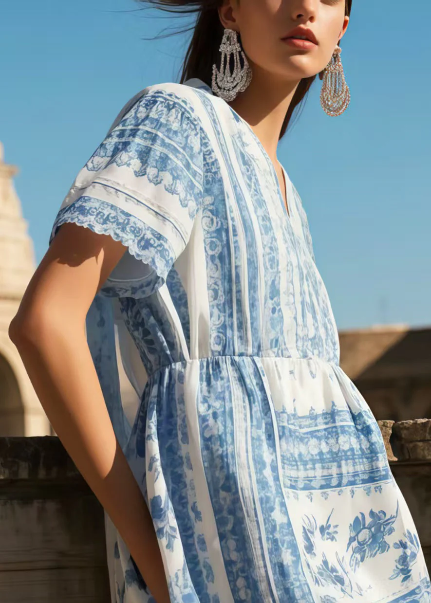 Art Blue V Neck Print Cotton Vacation Dress Summer - Image 2