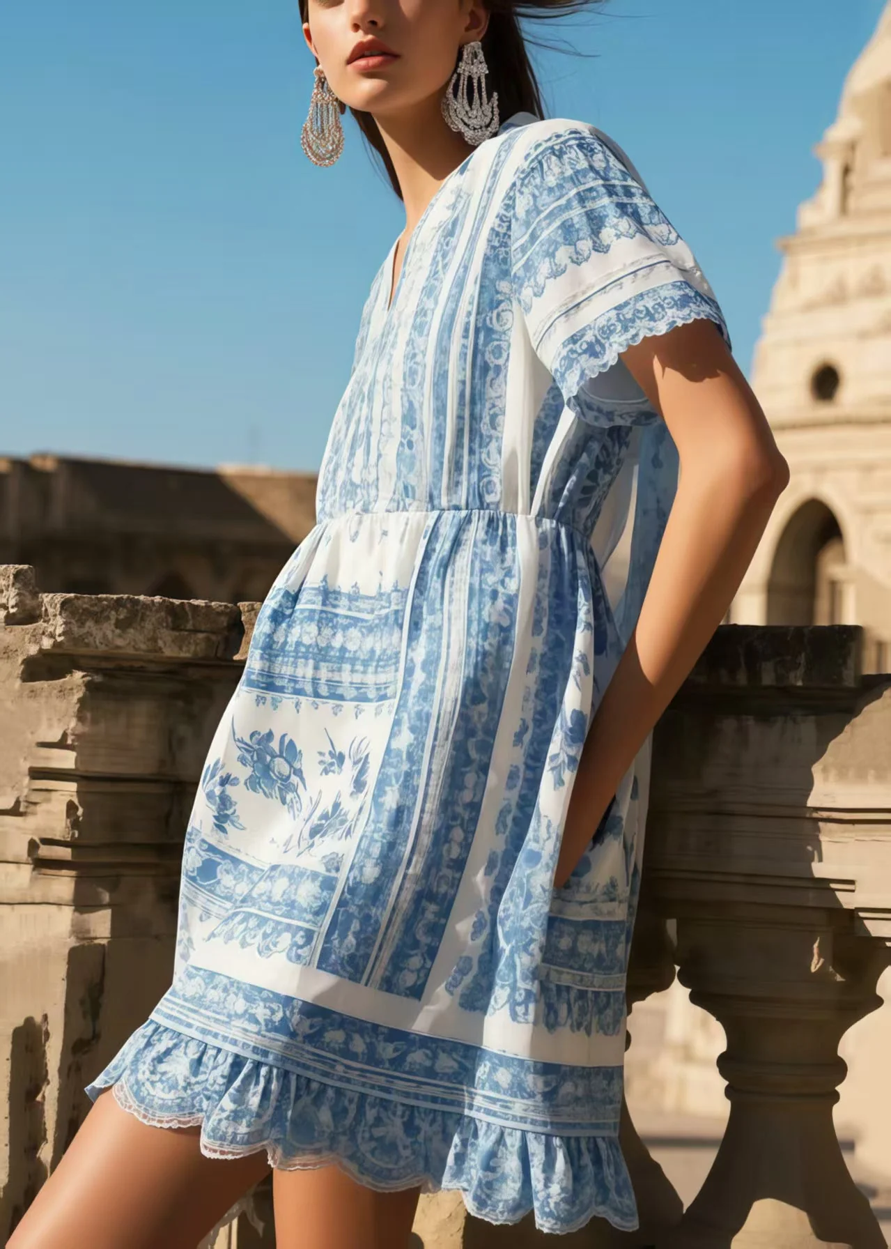 Art Blue V Neck Print Cotton Vacation Dress Summer - Image 3