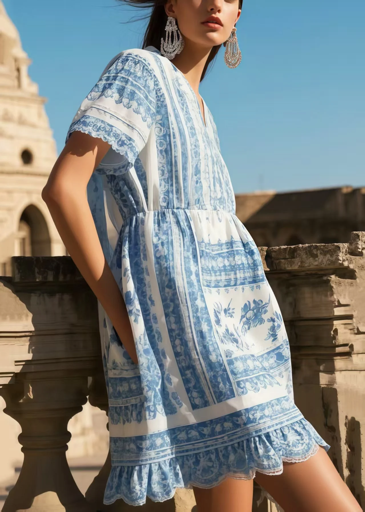Art Blue V Neck Print Cotton Vacation Dress Summer - Image 5