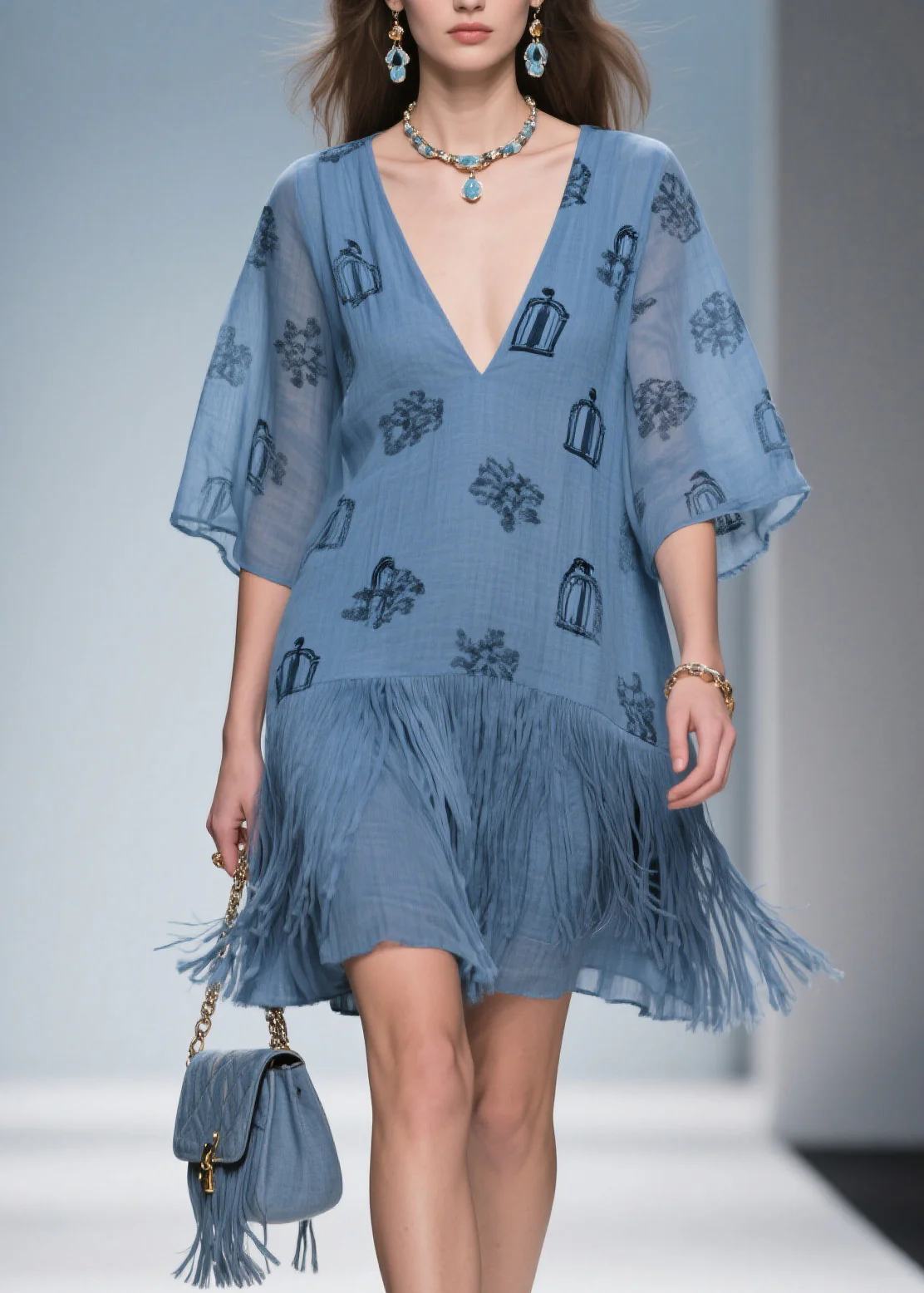 Art Blue V Neck Print Tassel Cotton Mid Dress Summer - Image 2