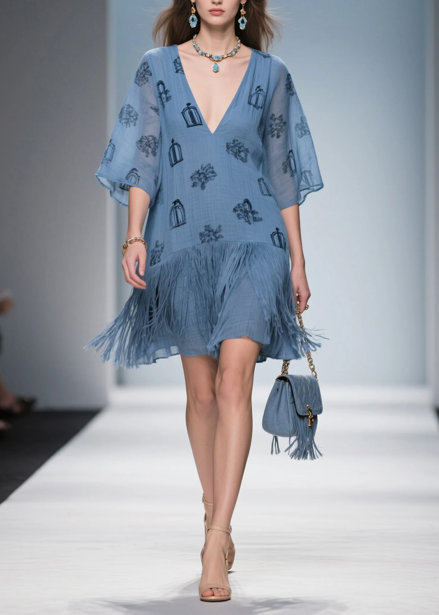 Art Blue V Neck Print Tassel Cotton Mid Dress Summer - Image 3
