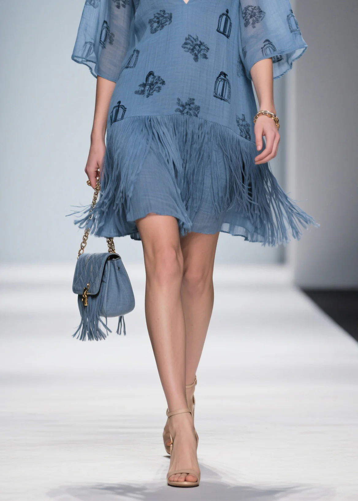 Art Blue V Neck Print Tassel Cotton Mid Dress Summer - Image 4