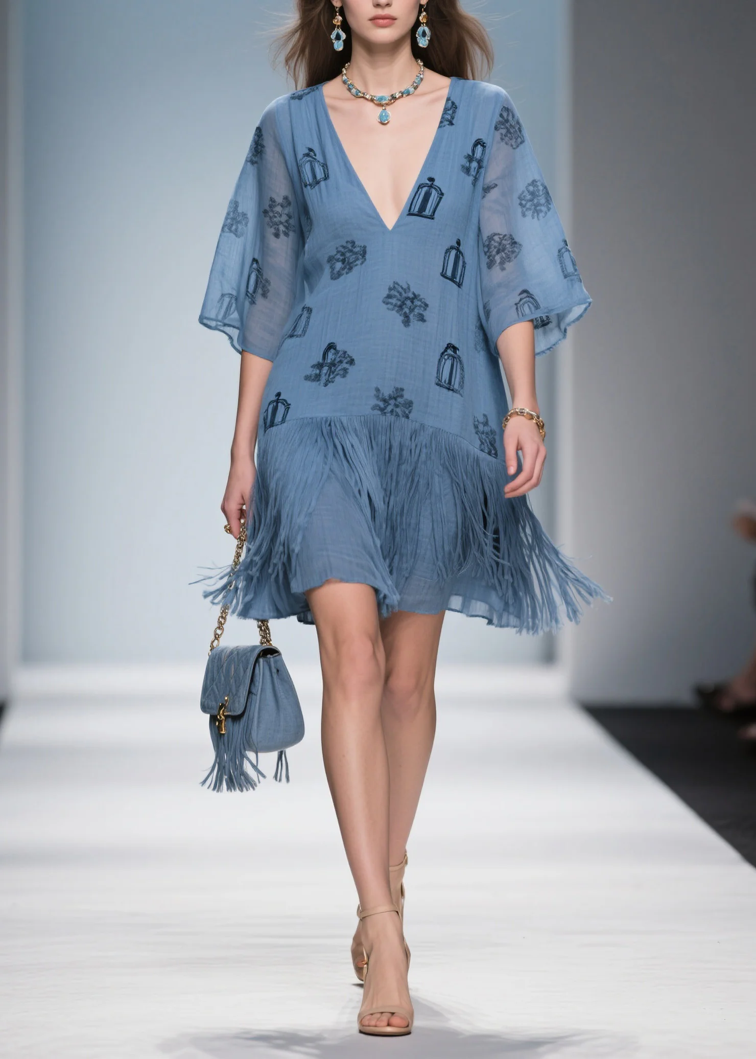 Art Blue V Neck Print Tassel Cotton Mid Dress Summer - Image 5