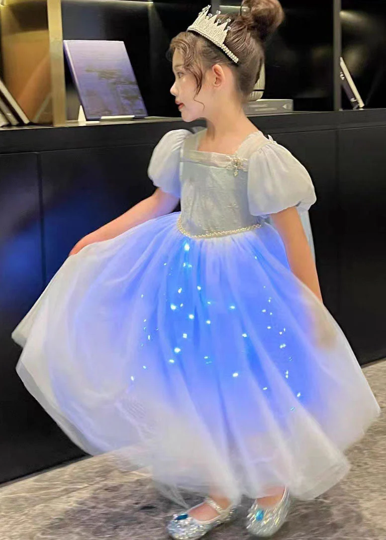 Art Blue Wrinkled Sequins Patchwork Tulle Kids Girls Princess Dresses Summer - Image 3