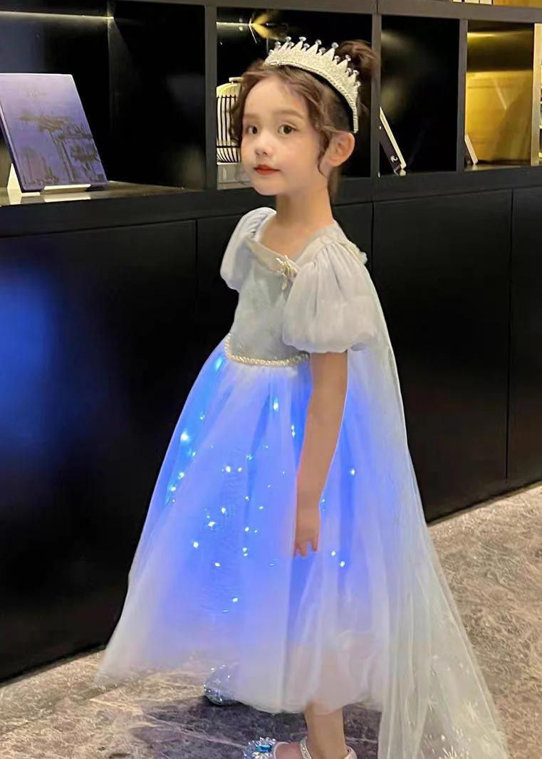 Art Blue Wrinkled Sequins Patchwork Tulle Kids Girls Princess Dresses Summer - Image 4