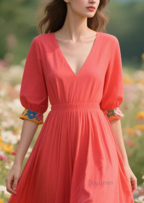 Art Brick Red Patchwork Exra Large Hem Cotton Holiday Dress Summer - Image 2