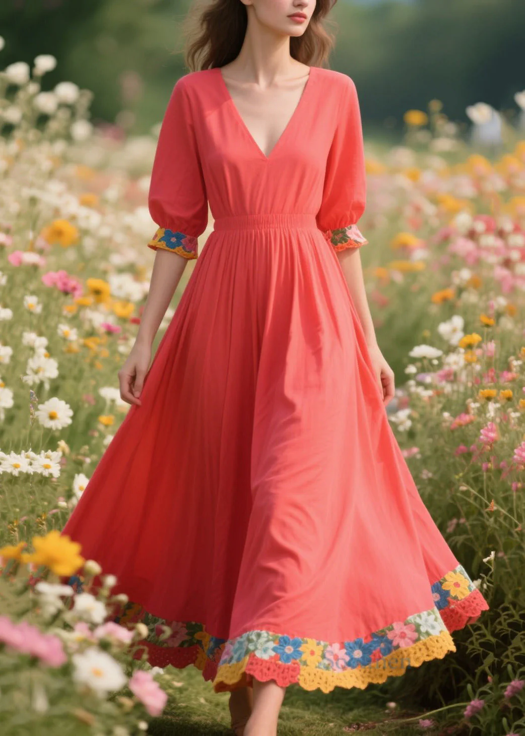 Art Brick Red Patchwork Exra Large Hem Cotton Holiday Dress Summer - Image 5