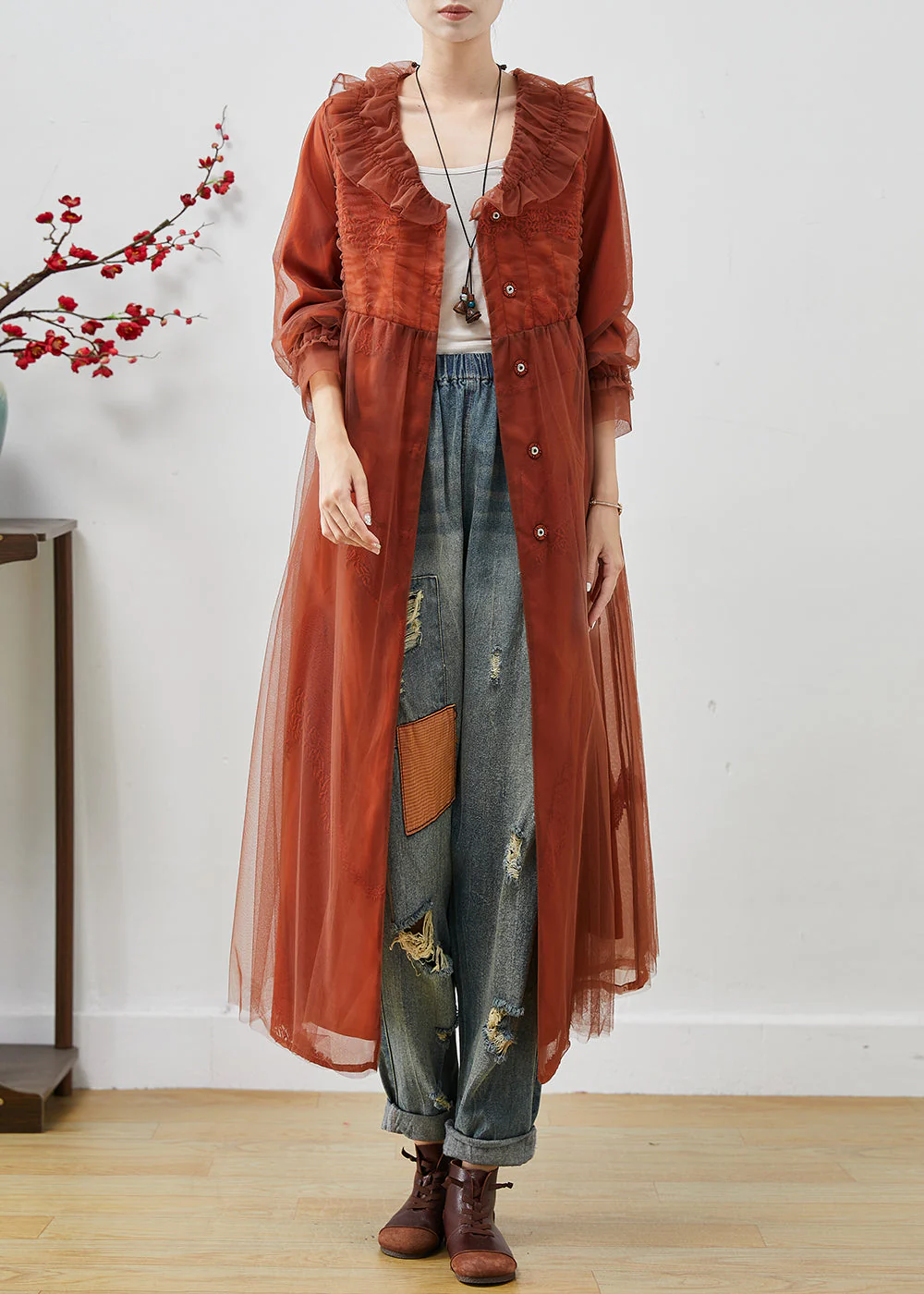 Art Brick Red Ruffled Embroidered Organza Long Dresses Spring - Image 3