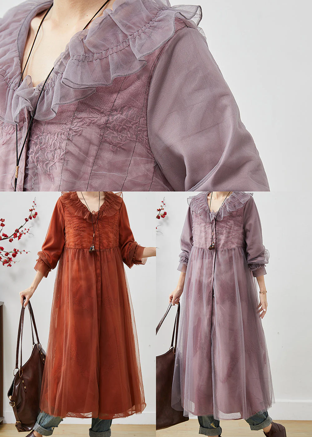 Art Brick Red Ruffled Embroidered Organza Long Dresses Spring - Image 5