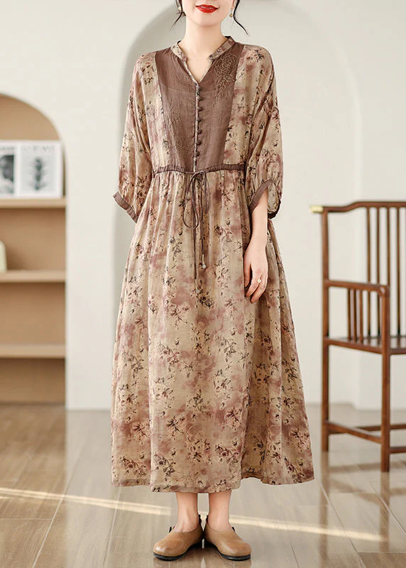 Art Brown Cinched Print Linen Maxi Dresses Bracelet Sleeve - Image 2