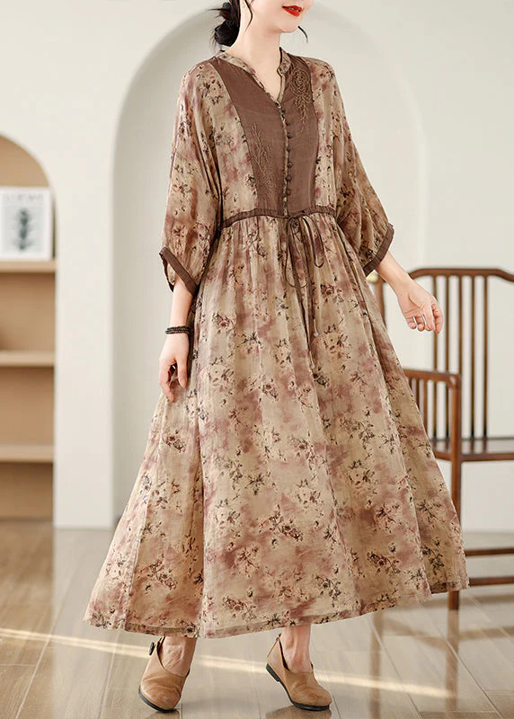 Art Brown Cinched Print Linen Maxi Dresses Bracelet Sleeve - Image 4