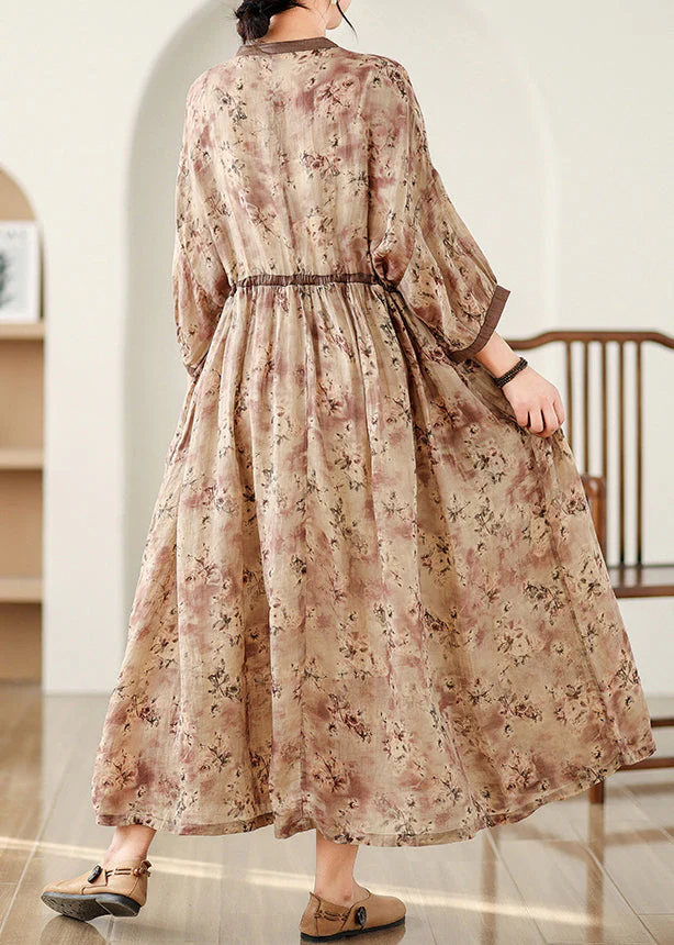 Art Brown Cinched Print Linen Maxi Dresses Bracelet Sleeve - Image 5