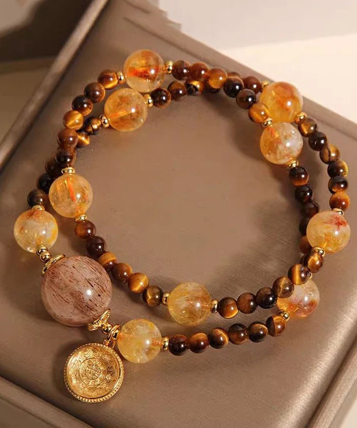 Art Brown Copper Overgild Crystal Tiger's Eye Beading Charm Bracelet