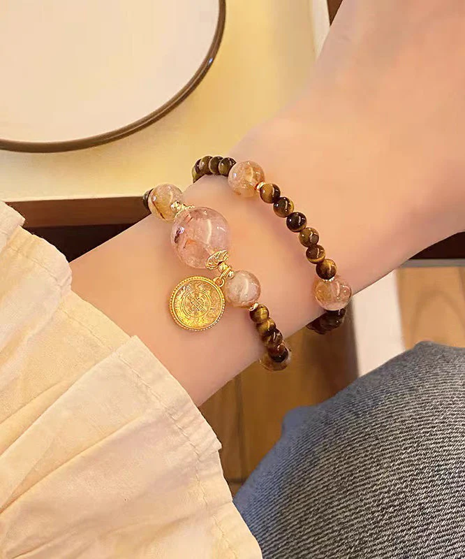 Art Brown Copper Overgild Crystal Tiger's Eye Beading Charm Bracelet - Image 5