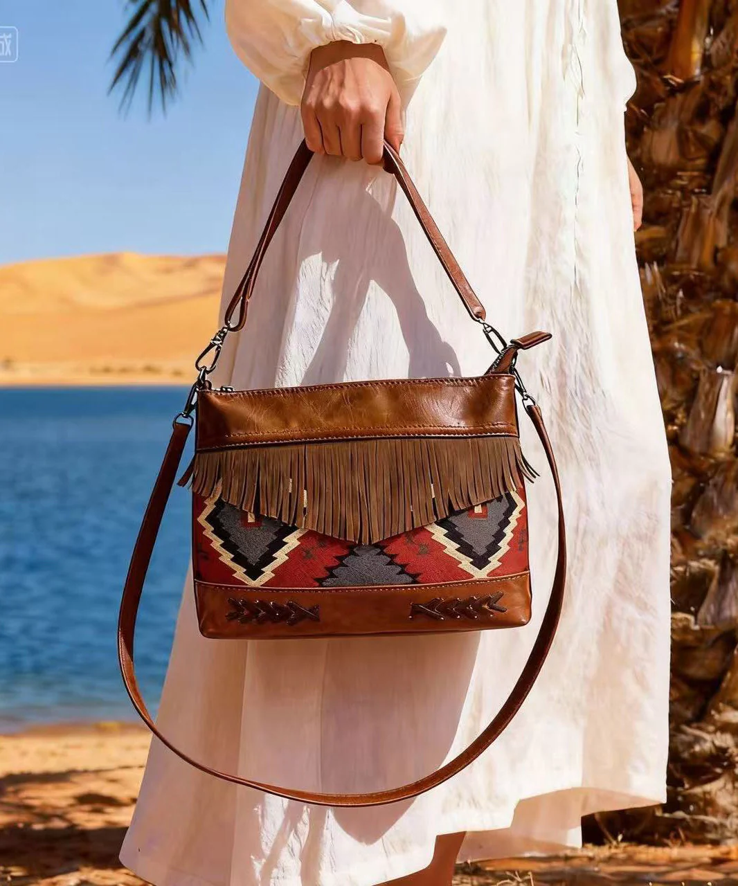 Art Brown Jacquard Patchwork Tasseled Faux Leather Messenger Bag - Image 2