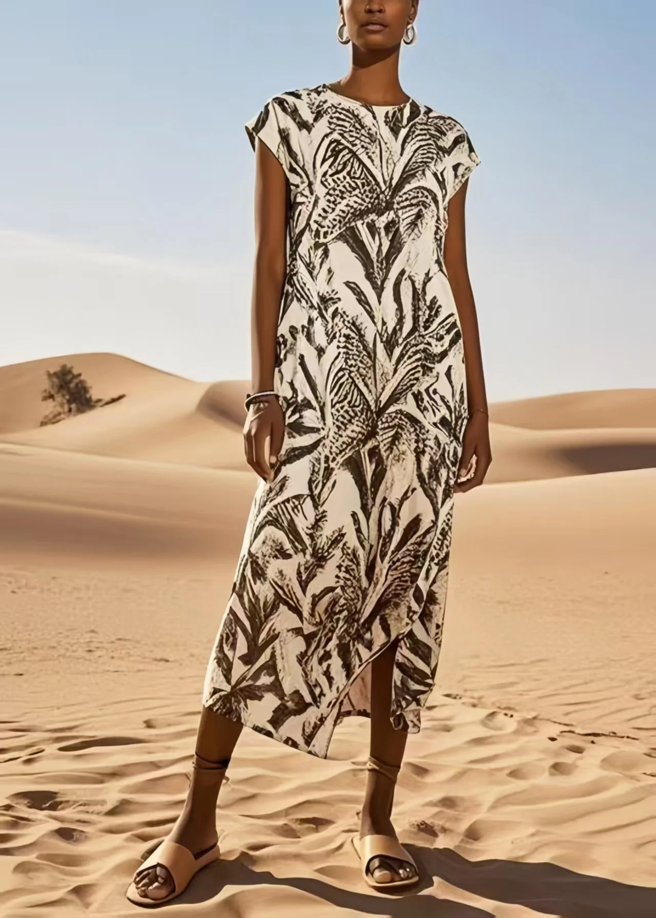 Art Brown Print Cotton Long Dress Summer