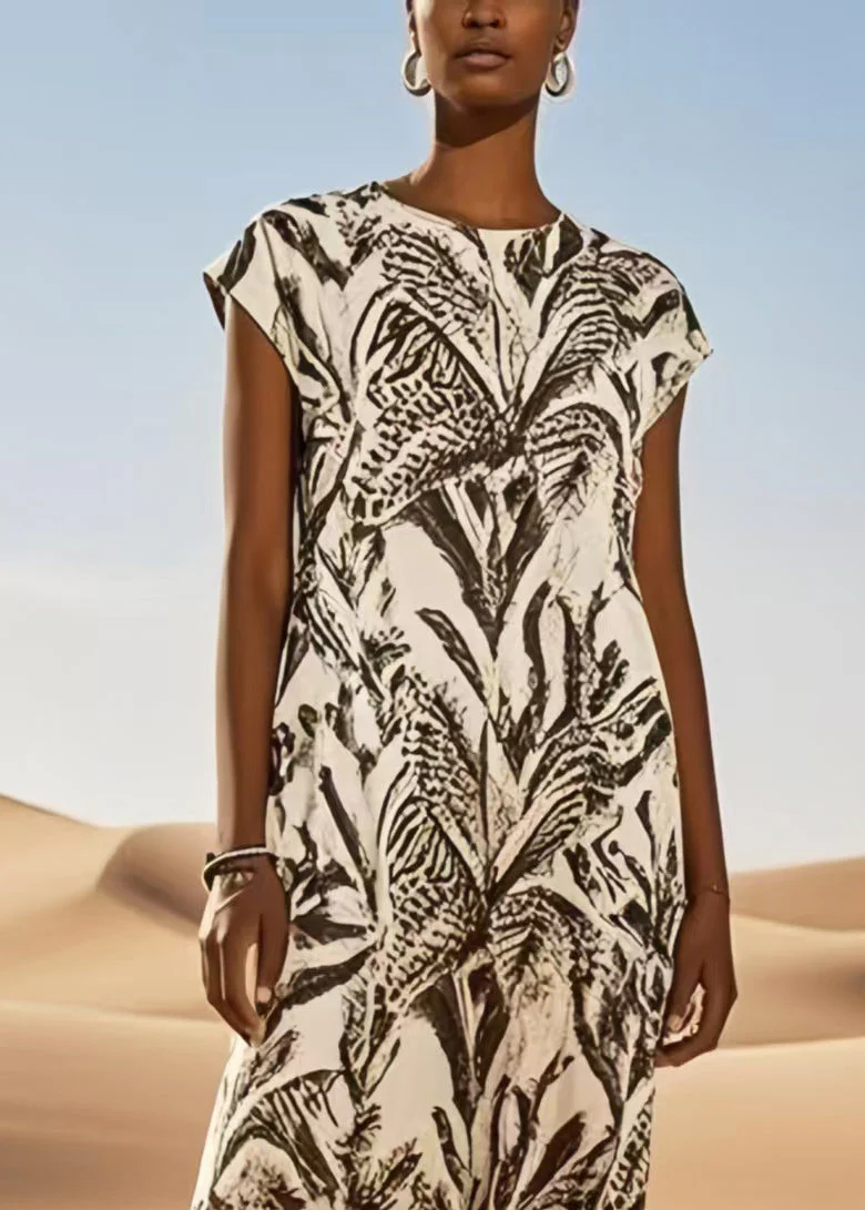Art Brown Print Cotton Long Dress Summer - Image 2