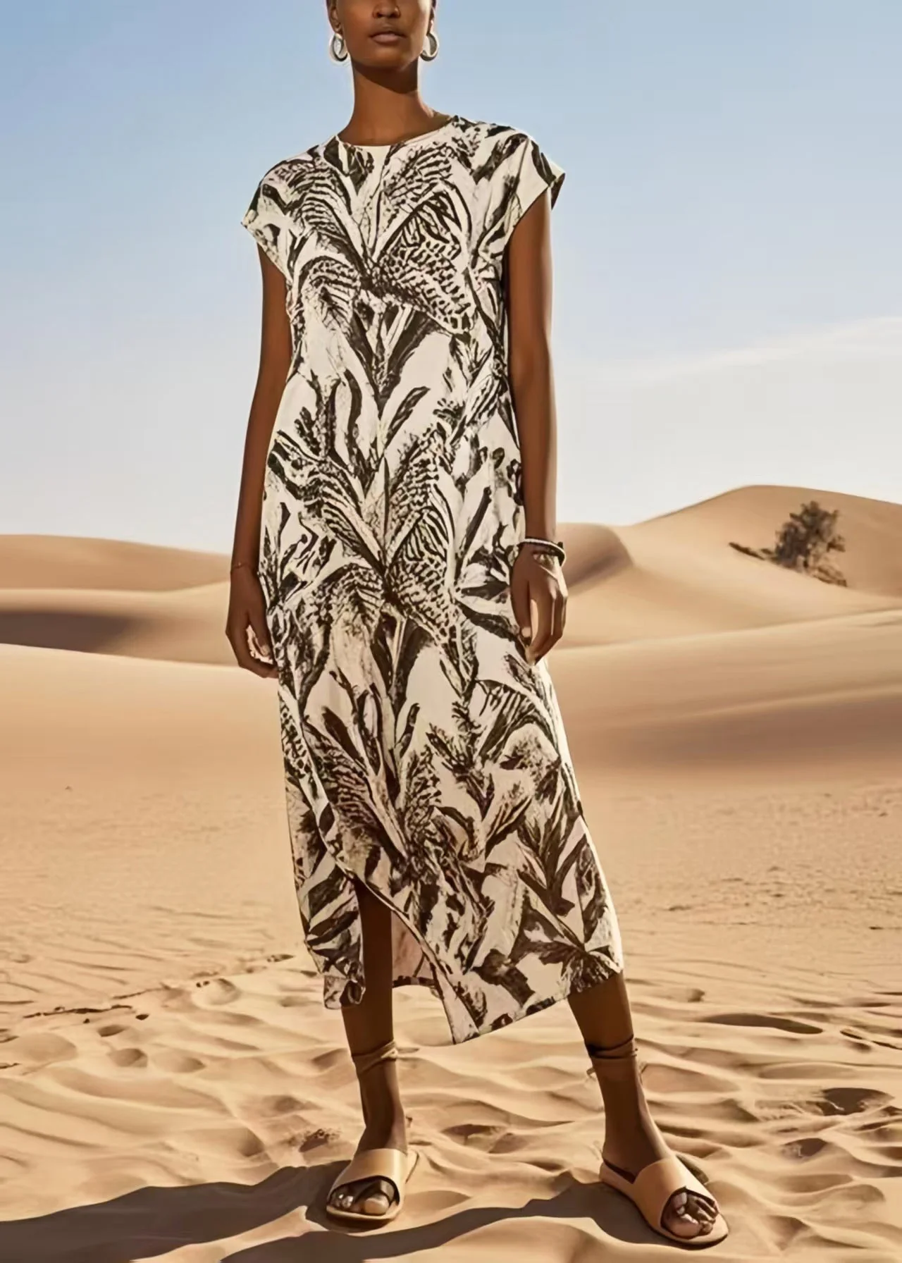 Art Brown Print Cotton Long Dress Summer - Image 3