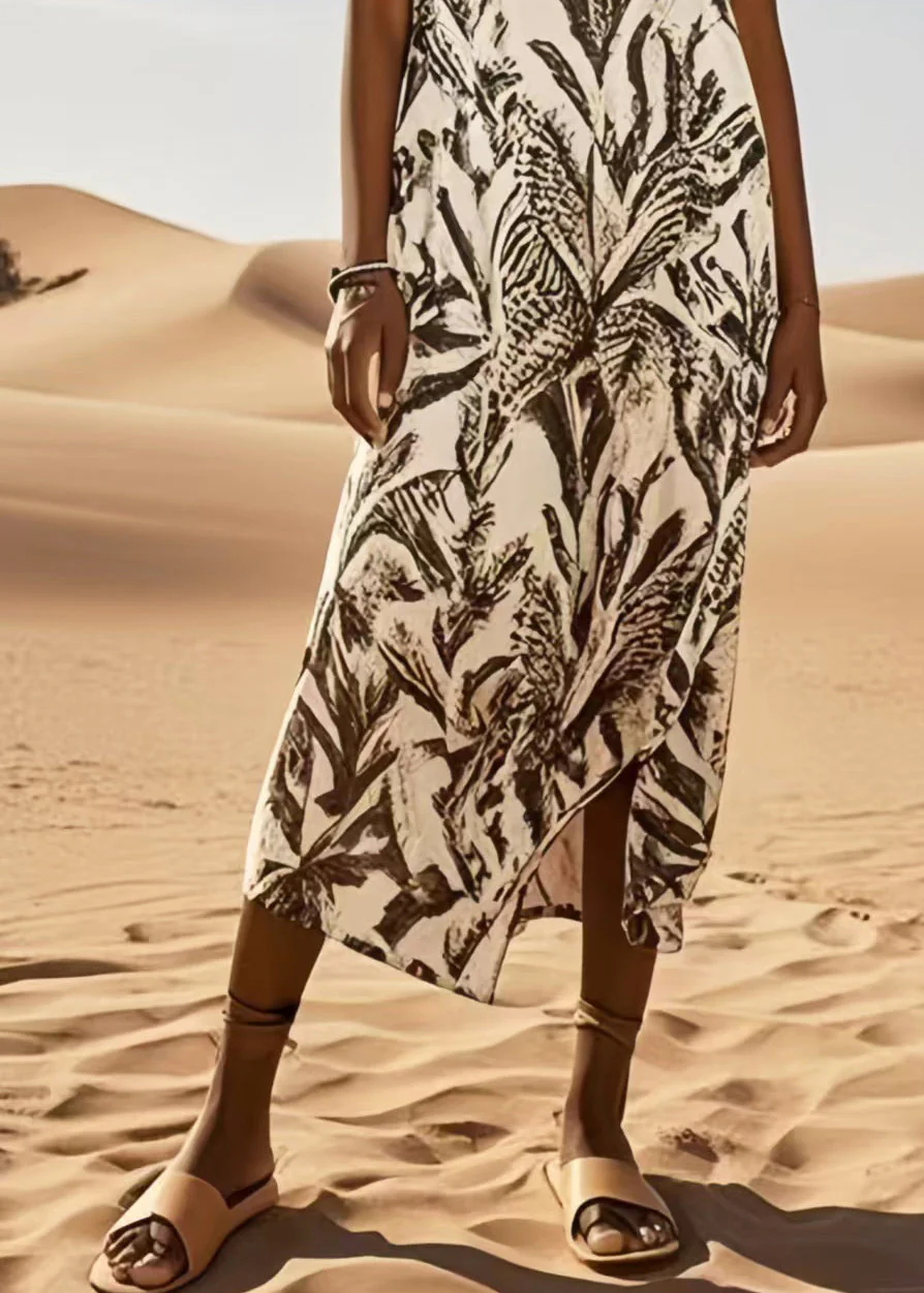 Art Brown Print Cotton Long Dress Summer - Image 4