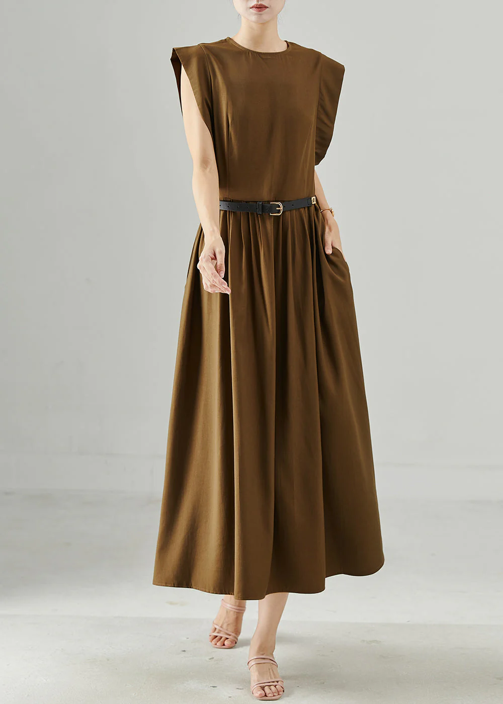 Art Brown Tunic Cotton Long Dresses Sleeveless - Image 2