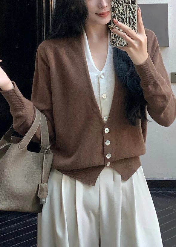 Art Brown V Neck Patchwork Wool Knit Fake Two Piece Cardigans Spring