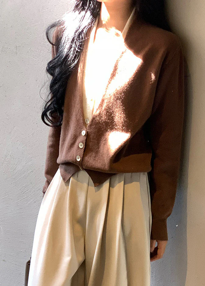 Art Brown V Neck Patchwork Wool Knit Fake Two Piece Cardigans Spring - Image 3