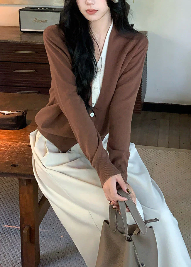 Art Brown V Neck Patchwork Wool Knit Fake Two Piece Cardigans Spring - Image 4