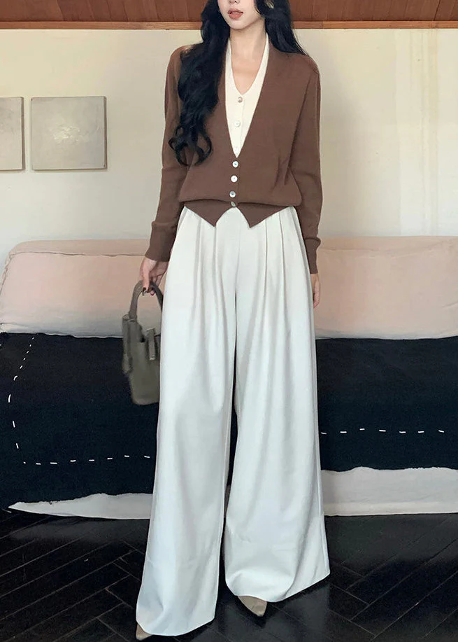 Art Brown V Neck Patchwork Wool Knit Fake Two Piece Cardigans Spring - Image 5