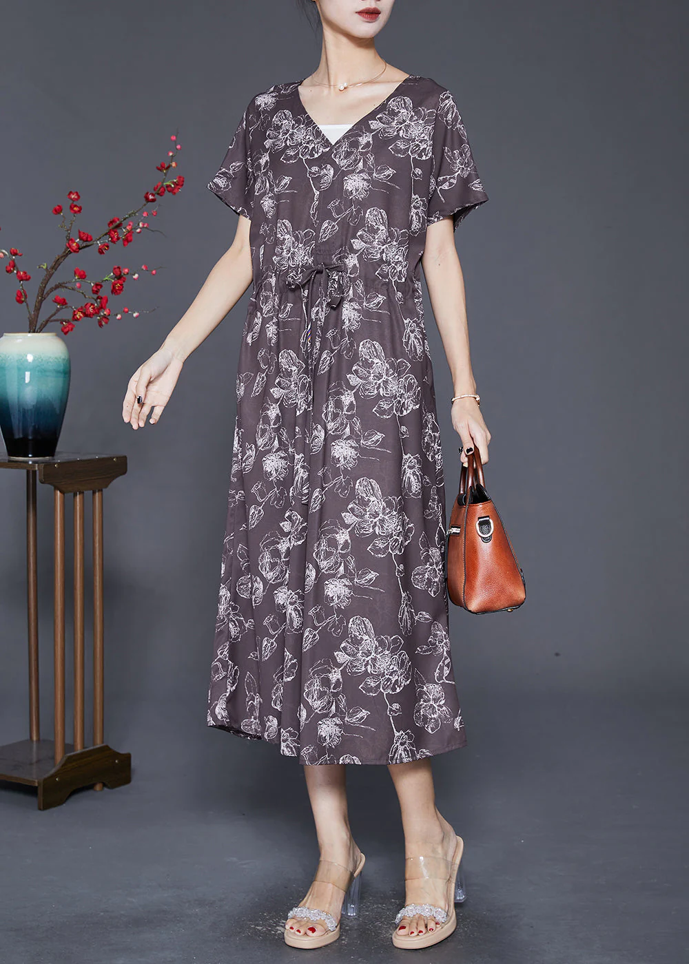 Art Chocolate Cinched Print Silk Party Dress Summer - Image 2