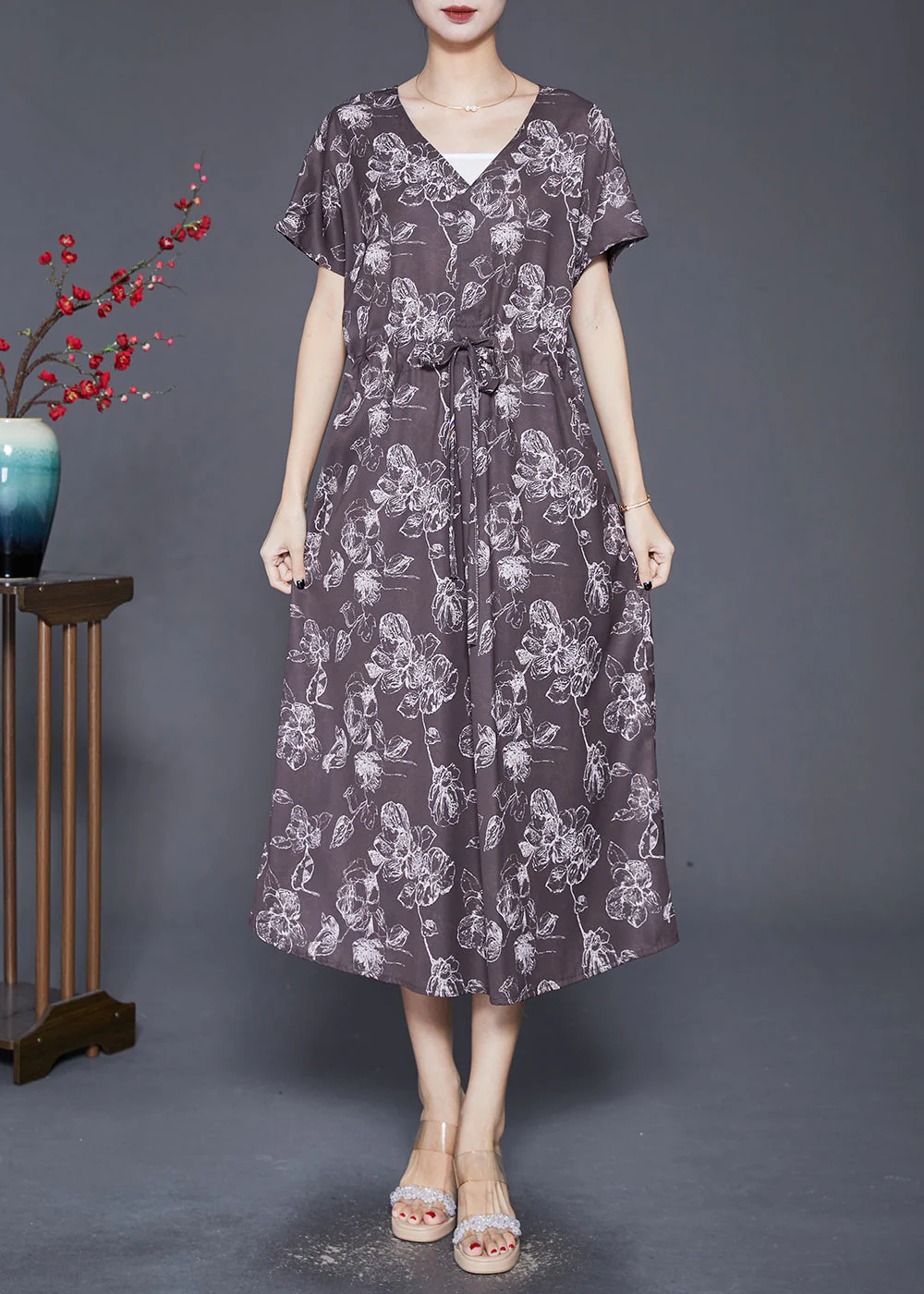 Art Chocolate Cinched Print Silk Party Dress Summer - Image 3