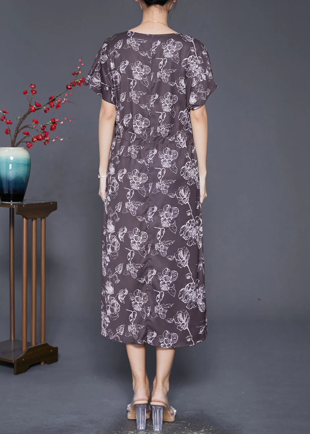 Art Chocolate Cinched Print Silk Party Dress Summer - Image 4