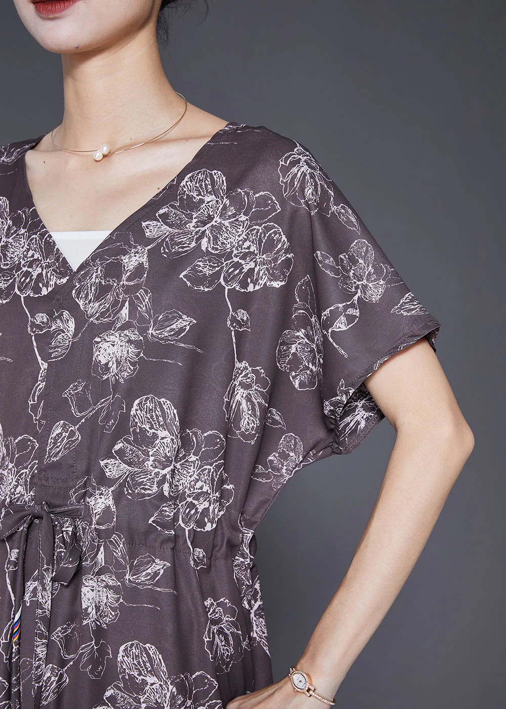 Art Chocolate Cinched Print Silk Party Dress Summer - Image 5