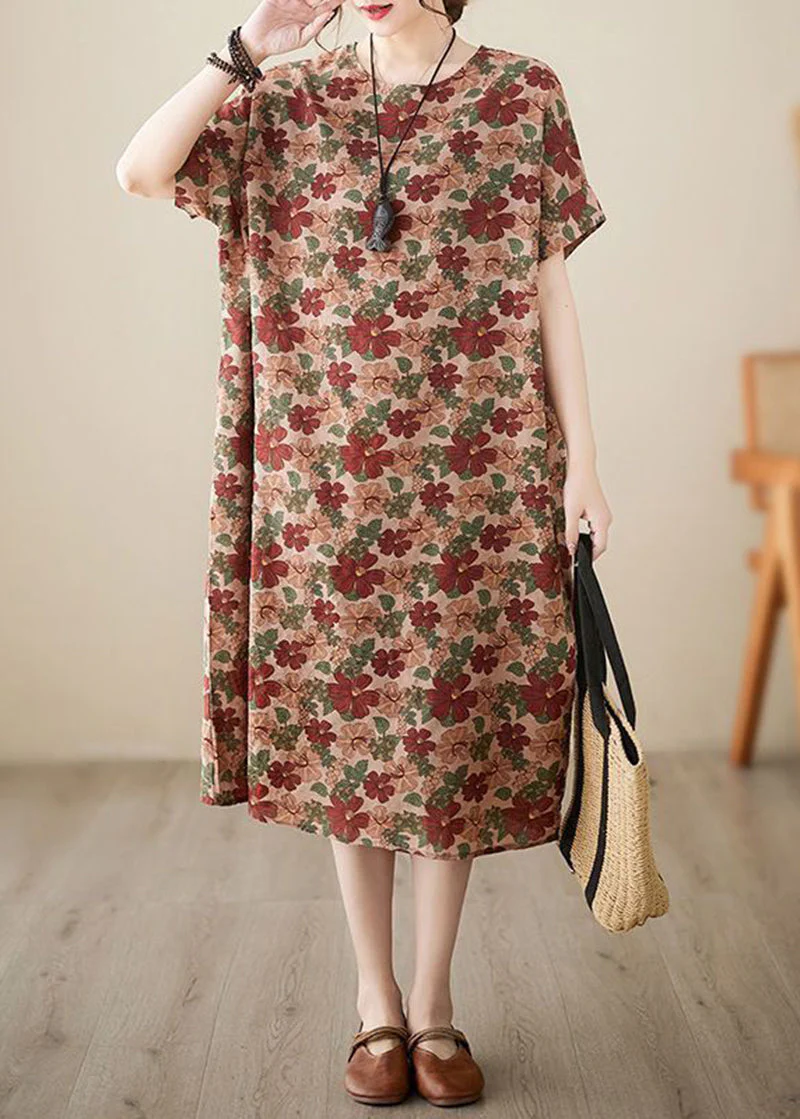 Art Coffee O-Neck Floral Print Cotton Dresses Short Sleeve