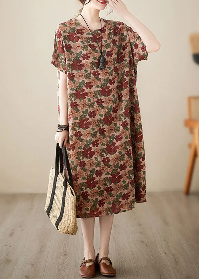 Art Coffee O-Neck Floral Print Cotton Dresses Short Sleeve - Image 2