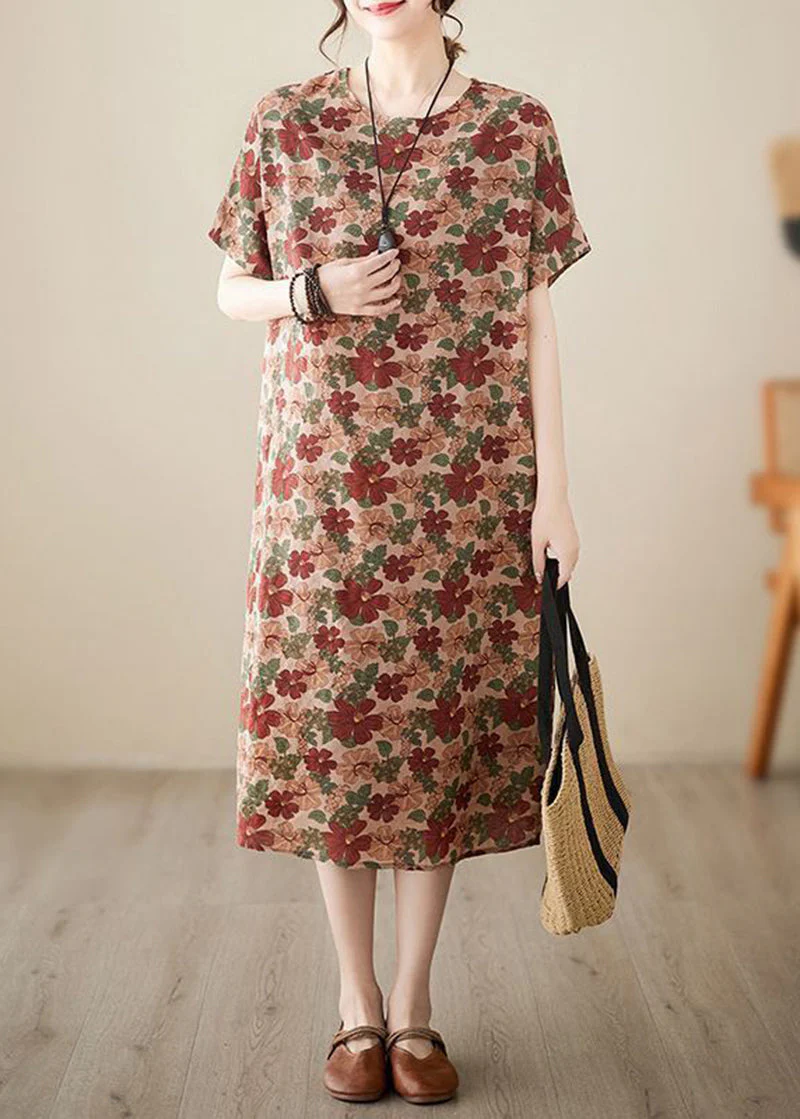 Art Coffee O-Neck Floral Print Cotton Dresses Short Sleeve - Image 3