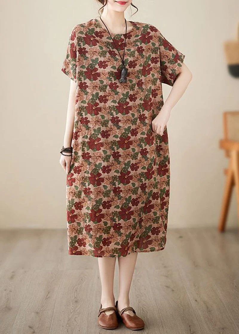 Art Coffee O-Neck Floral Print Cotton Dresses Short Sleeve - Image 4
