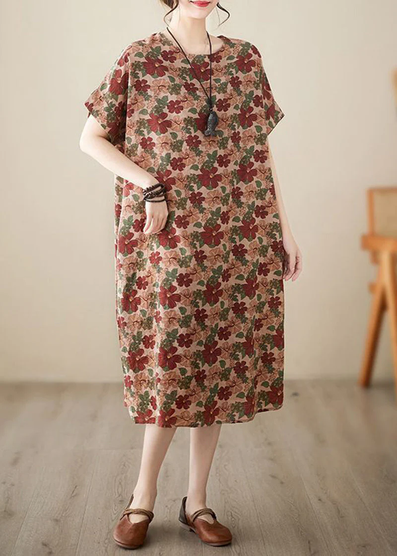 Art Coffee O-Neck Floral Print Cotton Dresses Short Sleeve - Image 5