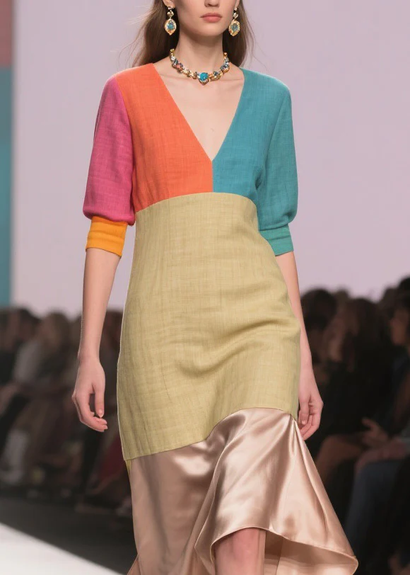 Art Colorblock Asymmetrical Design Patchwork Linen Silk Dress Summer - Image 2