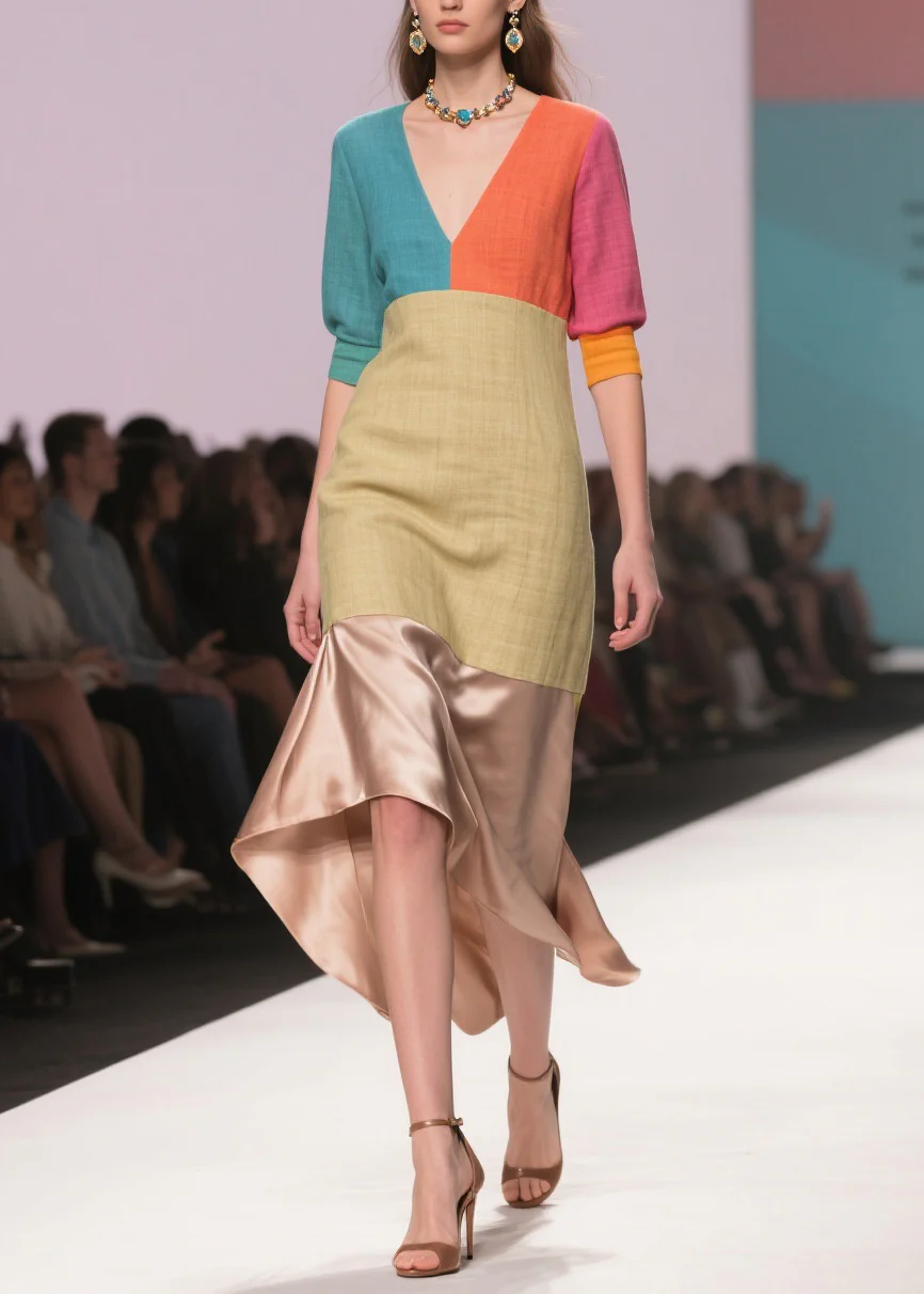 Art Colorblock Asymmetrical Design Patchwork Linen Silk Dress Summer - Image 3