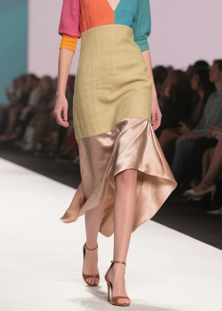 Art Colorblock Asymmetrical Design Patchwork Linen Silk Dress Summer - Image 4