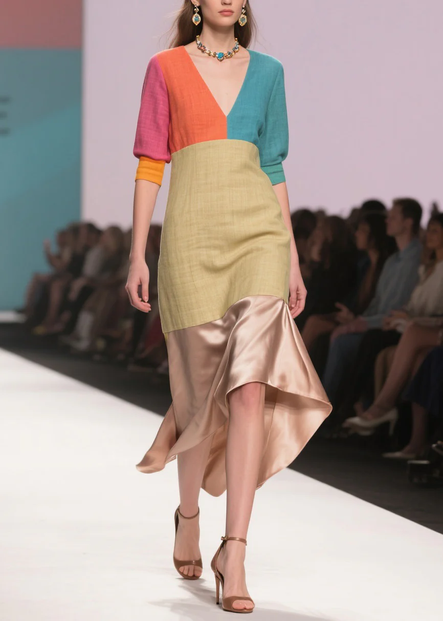 Art Colorblock Asymmetrical Design Patchwork Linen Silk Dress Summer - Image 5