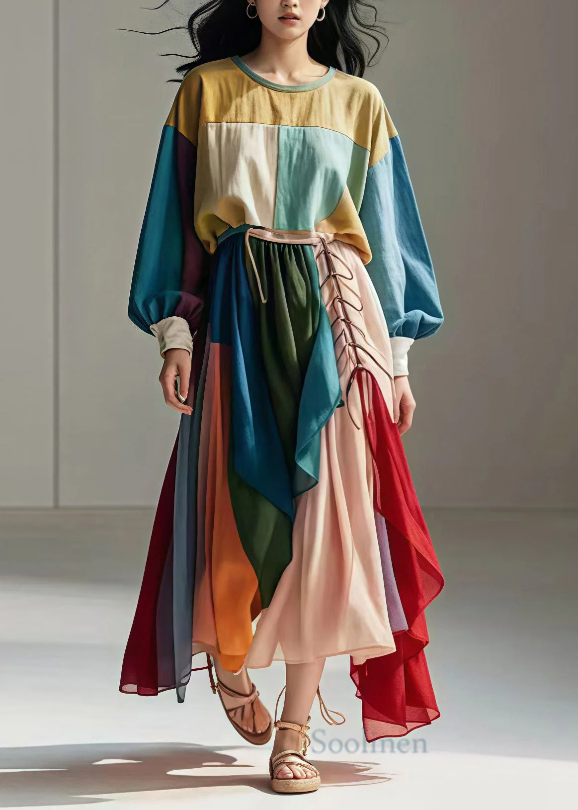 Art Colorblock Asymmetrical Patchwork Cotton Robe Dresses Spring - Image 2