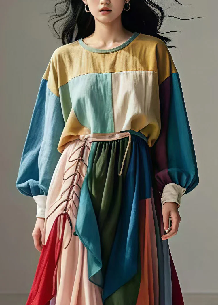 Art Colorblock Asymmetrical Patchwork Cotton Robe Dresses Spring - Image 3