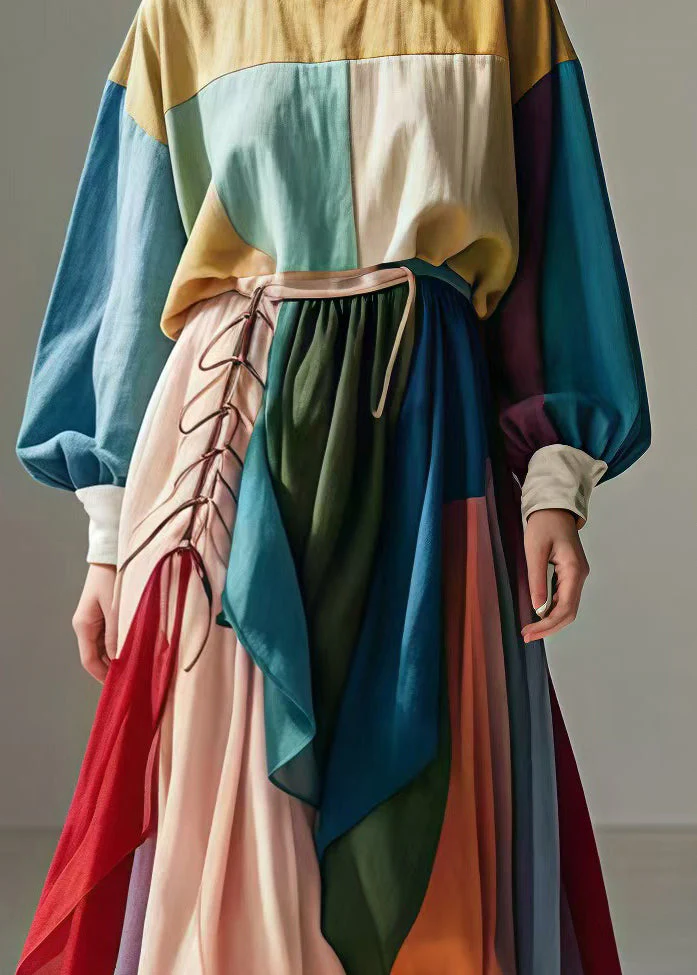 Art Colorblock Asymmetrical Patchwork Cotton Robe Dresses Spring - Image 4