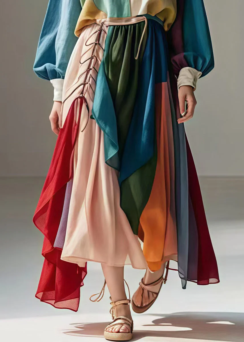 Art Colorblock Asymmetrical Patchwork Cotton Robe Dresses Spring - Image 5