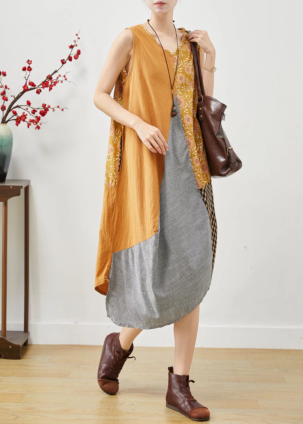 Art Colorblock Asymmetrical Patchwork Linen Dresses Sleeveless - Image 2