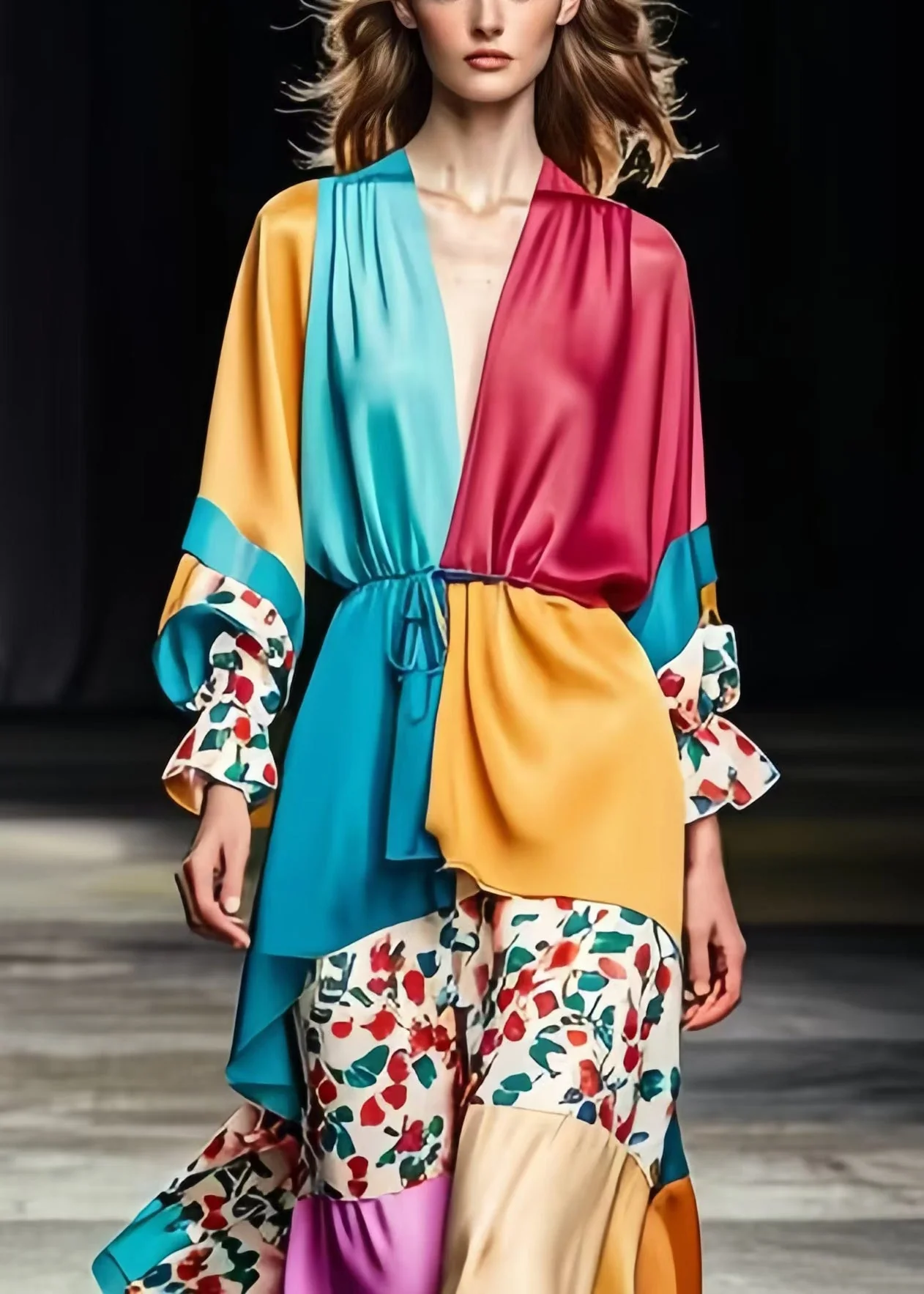 Art Colorblock Cinched Patchwork Print Silk Long Dress Spring - Image 2