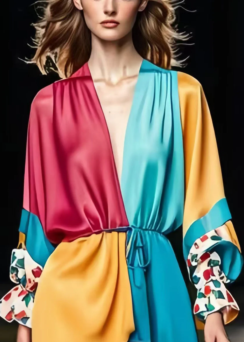 Art Colorblock Cinched Patchwork Print Silk Long Dress Spring - Image 3