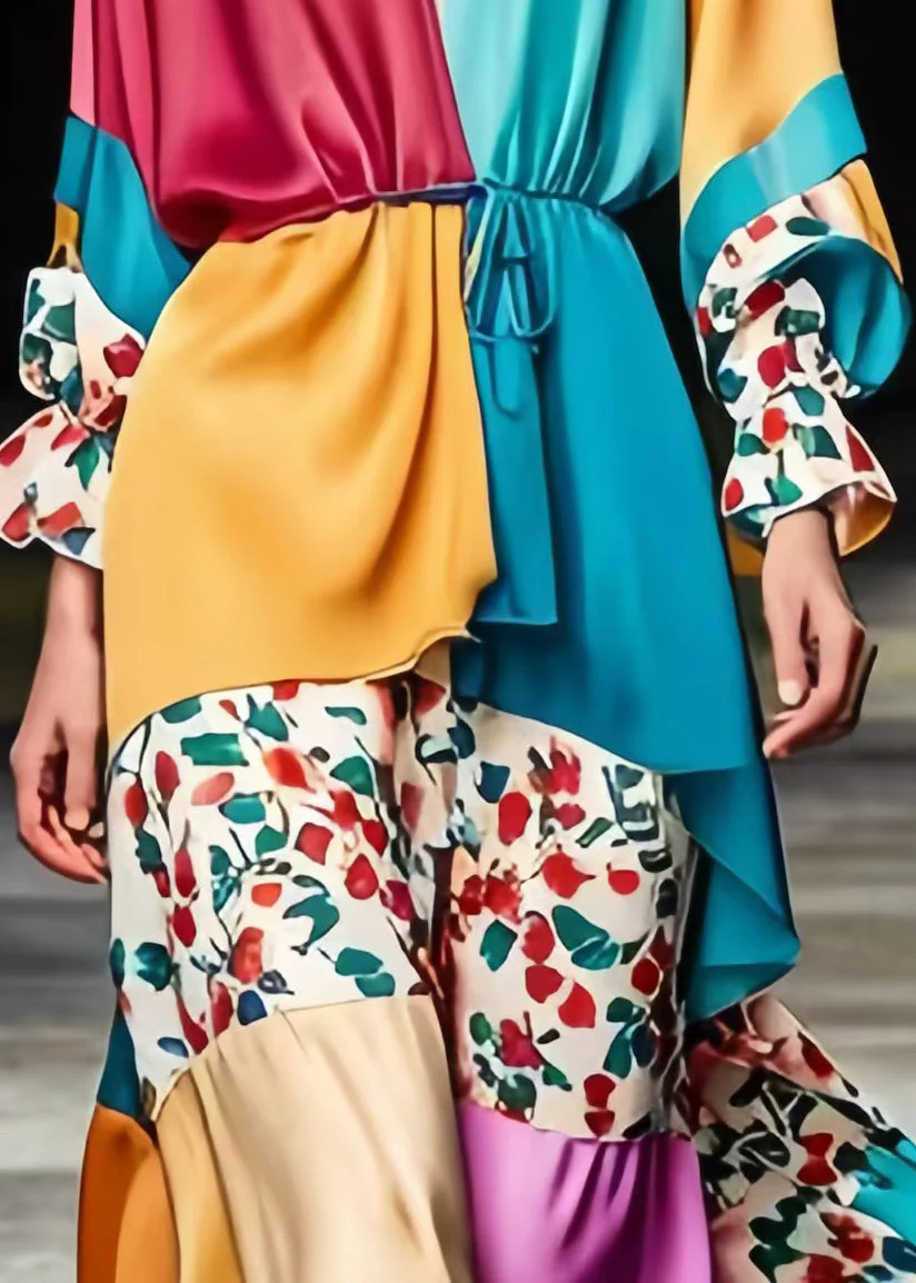 Art Colorblock Cinched Patchwork Print Silk Long Dress Spring - Image 4